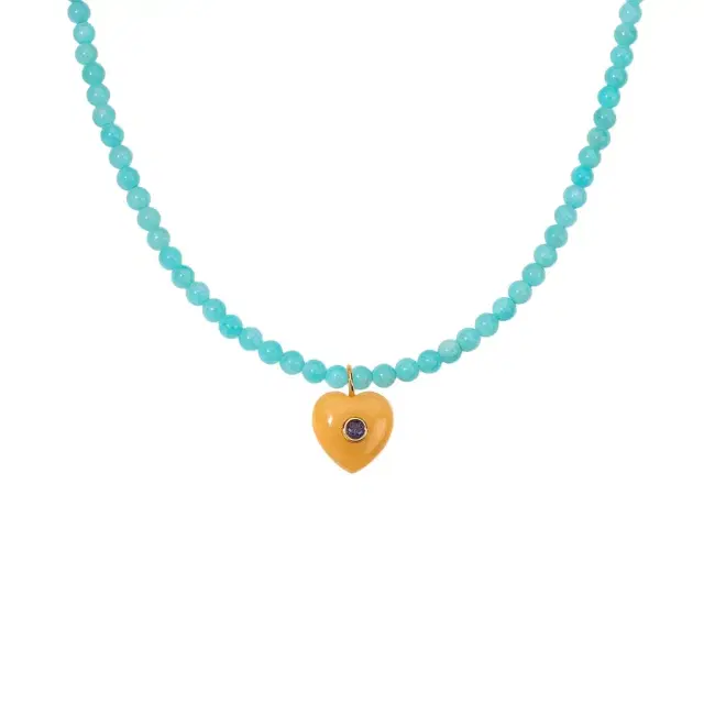 Stephanie Gottlieb Kendall Amazonite Beaded Necklace with Yellow Jade Heart Charm