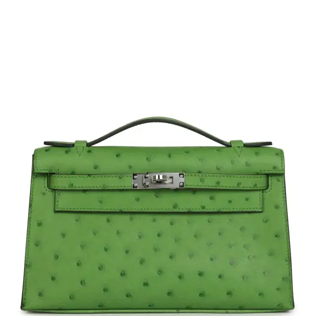 HERMÈS Hermes Kelly Pochette Vert Yucca Ostrich Palladium Hardware