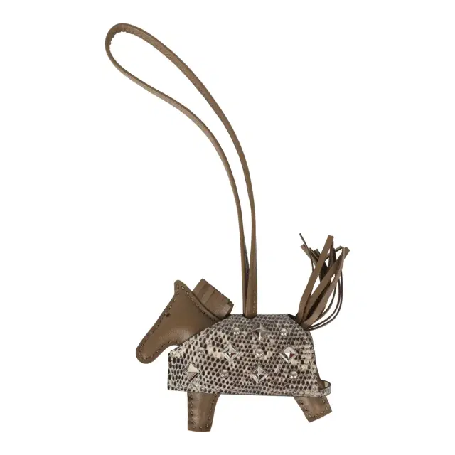 HERMÈS Hermes Rodeo Rock Bag Charm PM Ombre Shiny Varanus Salvator Lizard and Etoupe Milo Lambskin Palladium Hardware