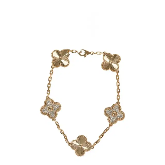Van Cleef & Arpels Van Cleef & Arpels Vintage Alhambra 5 Motif Bracelet Diamonds 18K Yellow Gold Guilloche