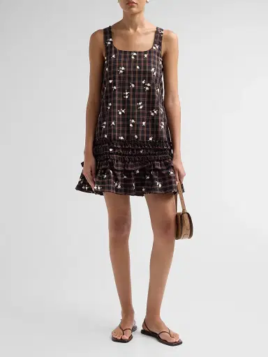 Ganni Women's Floral Check Ruffle Mini Dress | Thumbnail 2
