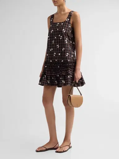 Ganni Women's Floral Check Ruffle Mini Dress | Thumbnail 4