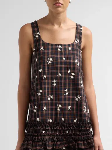 Ganni Women's Floral Check Ruffle Mini Dress | Thumbnail 5