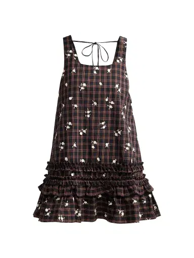 Ganni Women's Floral Check Ruffle Mini Dress | Thumbnail 1