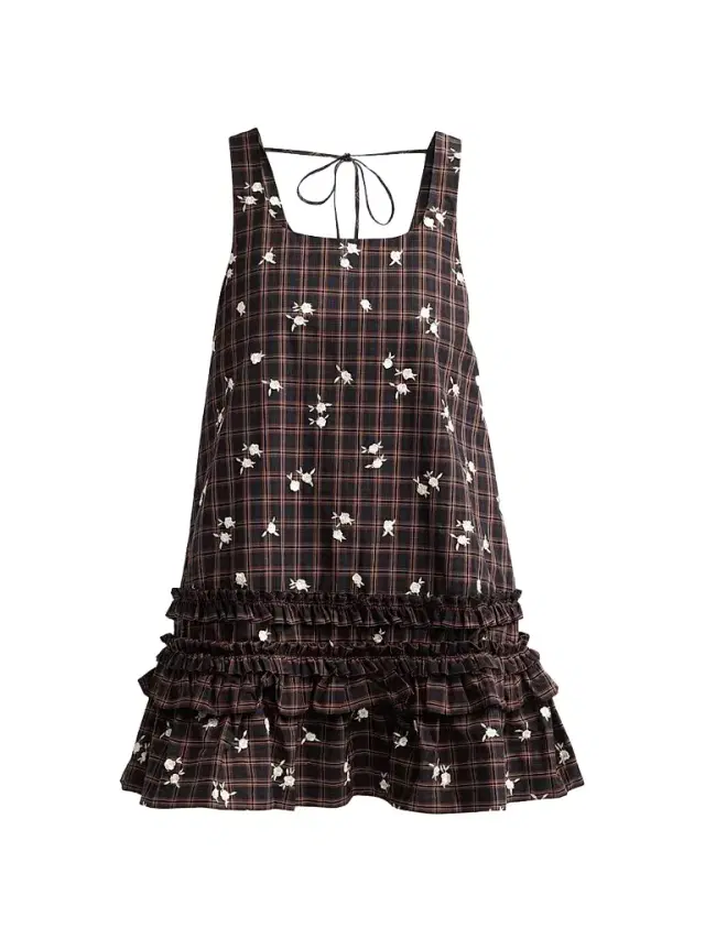 Ganni Women's Floral Check Ruffle Mini Dress - Cappuccino