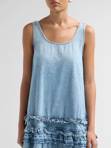 Ganni Women's Lightweight Denim Frill Mini Dress | Thumbnail 5 Ganni Women's Lightweight Denim Frill Mini Dress | Thumbnail 5
