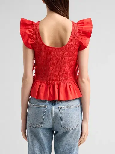 Ganni Women's Stretch-Cotton Angel-Sleeve Smocked Top - Goji Berry | Thumbnail 3 Ganni Women's Stretch-Cotton Angel-Sleeve Smocked Top - Goji Berry | Thumbnail 3