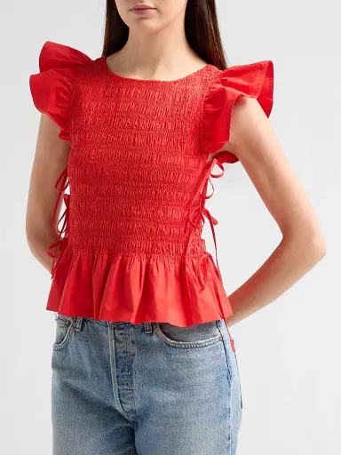 Ganni Women's Stretch-Cotton Angel-Sleeve Smocked Top - Goji Berry | Thumbnail 4 Ganni Women's Stretch-Cotton Angel-Sleeve Smocked Top - Goji Berry | Thumbnail 4