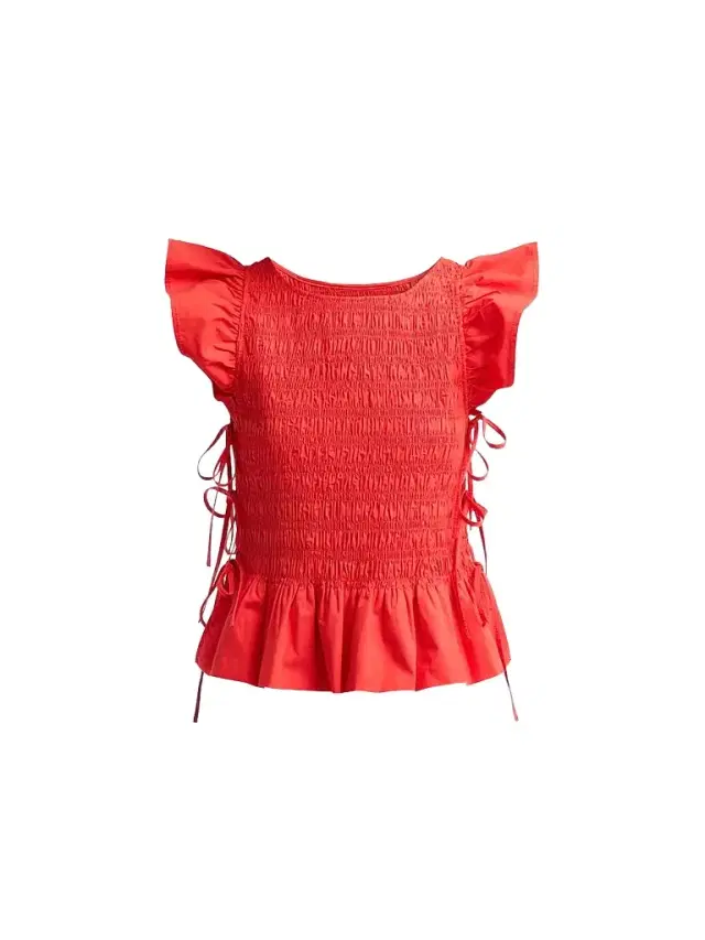 Ganni Women's Stretch-Cotton Angel-Sleeve Smocked Top - Goji Berry