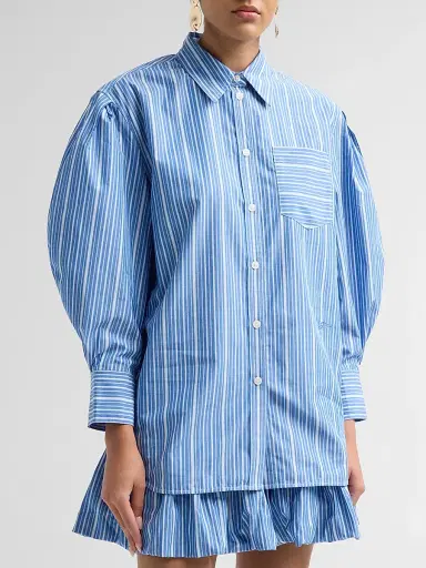 Ganni Women's Striped Cotton Pleated-Sleeve Shirt | Thumbnail 4 Ganni Women's Striped Cotton Pleated-Sleeve Shirt | Thumbnail 4