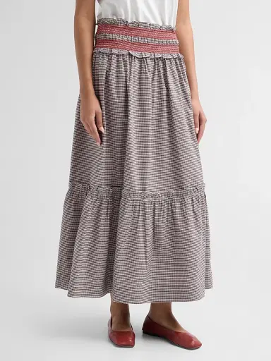Ganni Women's Check Cotton Smocked Maxi Skirt - Chicory Coffee | Thumbnail 4 Ganni Women's Check Cotton Smocked Maxi Skirt - Chicory Coffee | Thumbnail 4