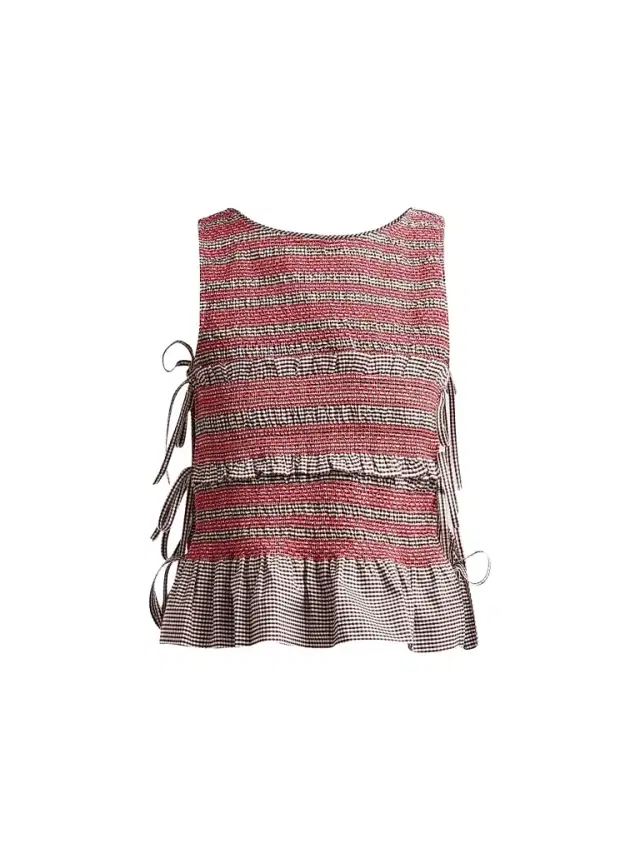 Ganni Women's Check Cotton Smocked Tie Top - Chicory Coffee