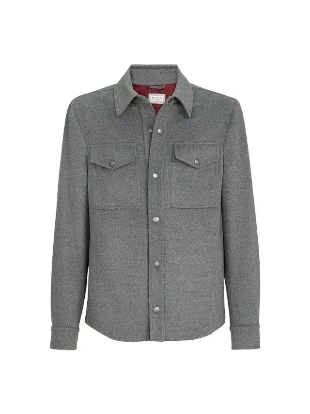 Brunello Cucinelli Men's Lightweight Virgin Wool Cloth Shirt-Style Outerwear Jacket - Grey