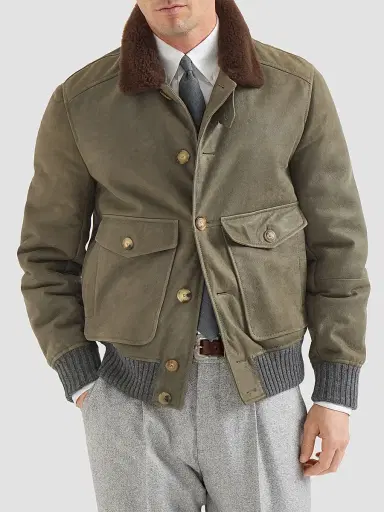 Brunello Cucinelli Men's Waxed Shearling Bomber Jacket with Shearling Collar - Military - Size XXXXL | Thumbnail 2