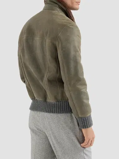 Brunello Cucinelli Men's Waxed Shearling Bomber Jacket with Shearling Collar - Military - Size XXXXL | Thumbnail 3
