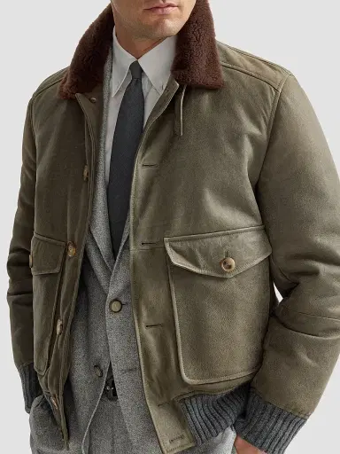 Brunello Cucinelli Men's Waxed Shearling Bomber Jacket with Shearling Collar - Military - Size XXXXL | Thumbnail 4