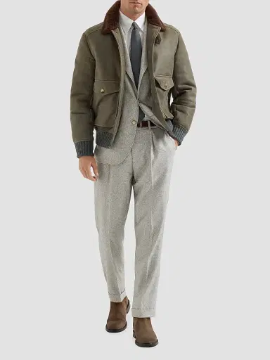 Brunello Cucinelli Men's Waxed Shearling Bomber Jacket with Shearling Collar - Military - Size XXXXL | Thumbnail 6