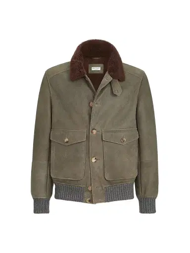 Brunello Cucinelli Men's Waxed Shearling Bomber Jacket with Shearling Collar - Military - Size XXXXL | Thumbnail 1