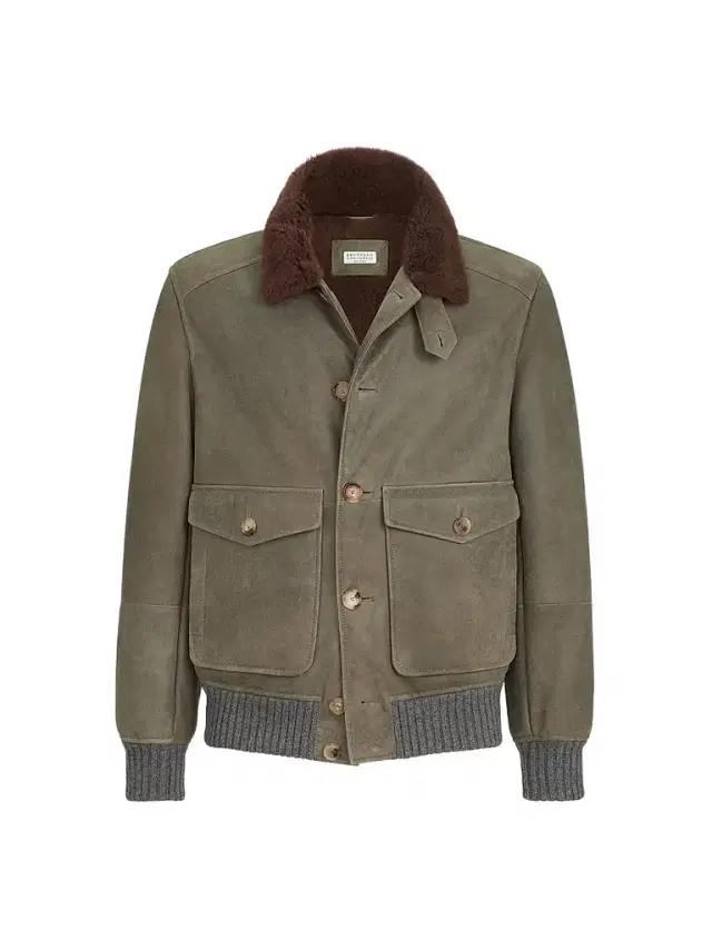 Brunello Cucinelli Men's Waxed Shearling Bomber Jacket with Shearling Collar - Military