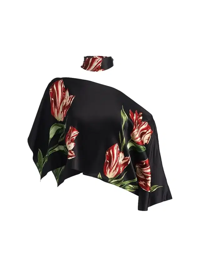 ALICE + OLIVIA Women's Rita Draped Floral One-Shoulder Crop Top - Soft Tulip Black