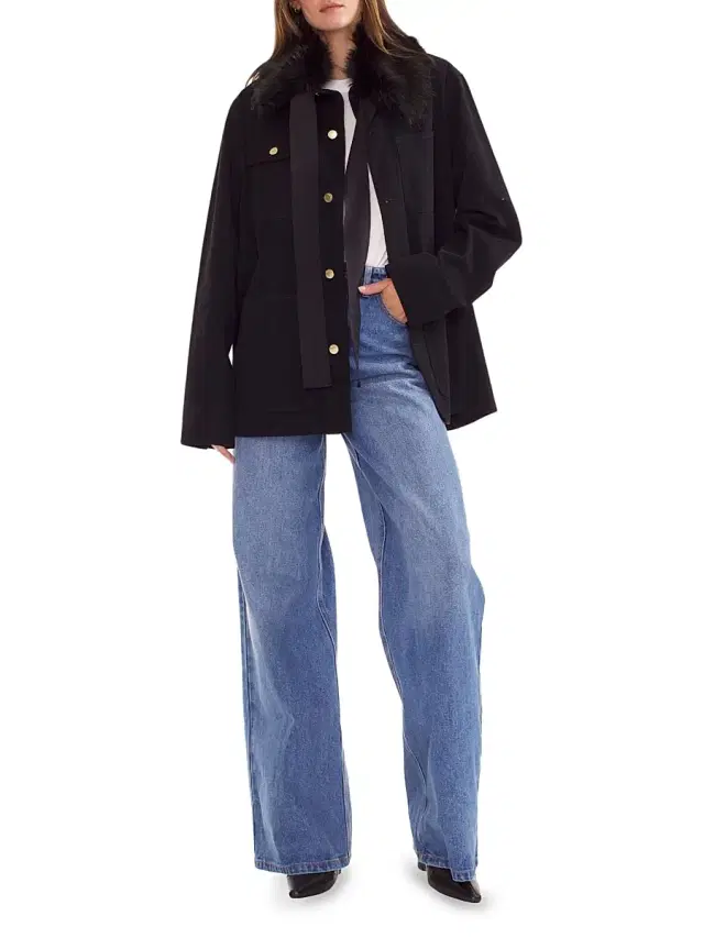 Cynthia Rowley Women's Removable Faux Fur Collar Cotton Twill Jacket - Black