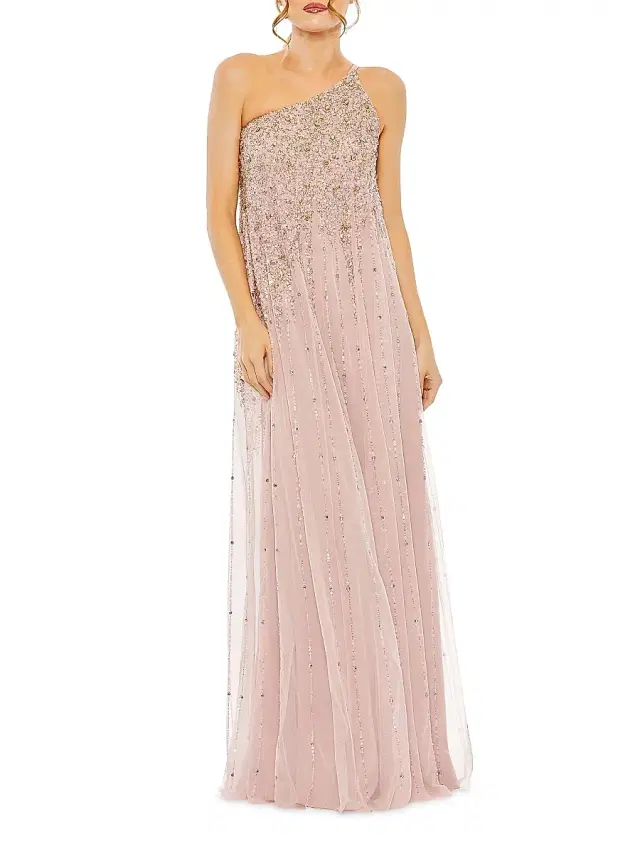 Mac Duggal Women's One-Shoulder Beaded Tulle Trapeze Gown - Porcelain Gold