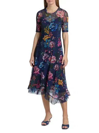 Johnny Was Women's Floral Mesh Asymmetric Midi-Dress | Thumbnail 2