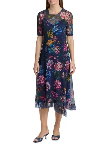 Johnny Was Women's Floral Mesh Asymmetric Midi-Dress | Thumbnail 3