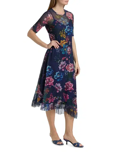 Johnny Was Women's Floral Mesh Asymmetric Midi-Dress | Thumbnail 4