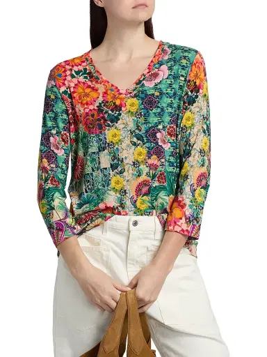 Johnny Was Women's The Janie Favorite Printed V-Neck T-Shirt - Carlina Scarf | Thumbnail 3