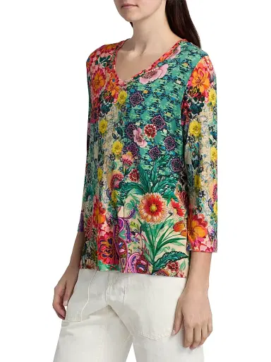 Johnny Was Women's The Janie Favorite Printed V-Neck T-Shirt - Carlina Scarf | Thumbnail 4