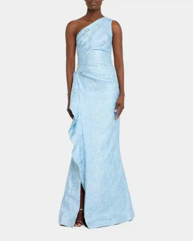 Rickie Freeman for Teri Jon One-Shoulder Jacquard Side-Ruffle Gown | Thumbnail 2