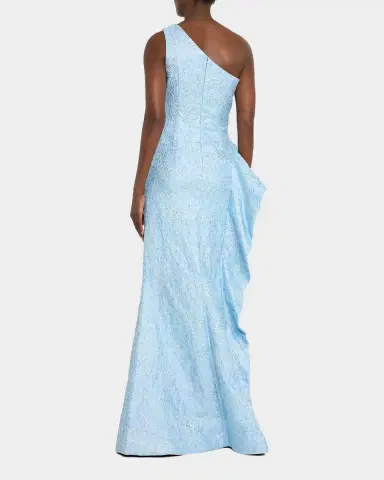 Rickie Freeman for Teri Jon One-Shoulder Jacquard Side-Ruffle Gown | Thumbnail 3