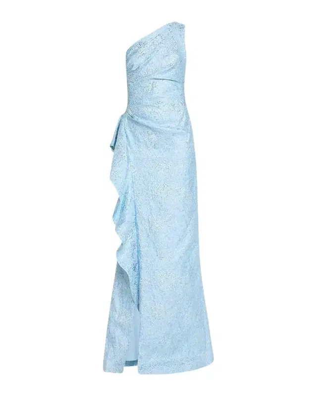 Rickie Freeman for Teri Jon One-Shoulder Jacquard Side-Ruffle Gown
