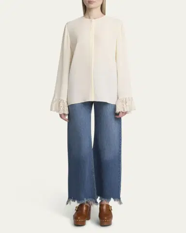 Chloe Button Down Crepe De Chine Top with Lace Sleeves | Thumbnail 2