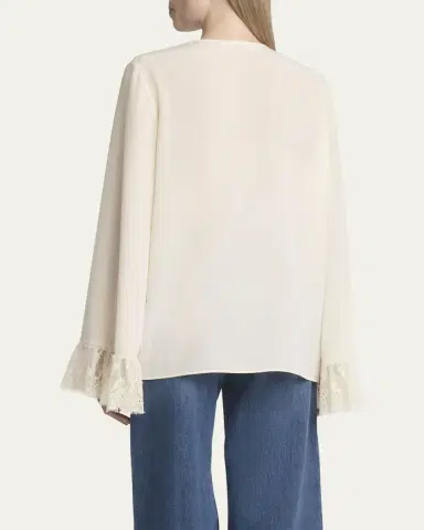Chloe Button Down Crepe De Chine Top with Lace Sleeves | Thumbnail 3