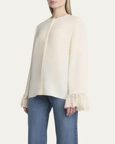Chloe Button Down Crepe De Chine Top with Lace Sleeves | Thumbnail 4