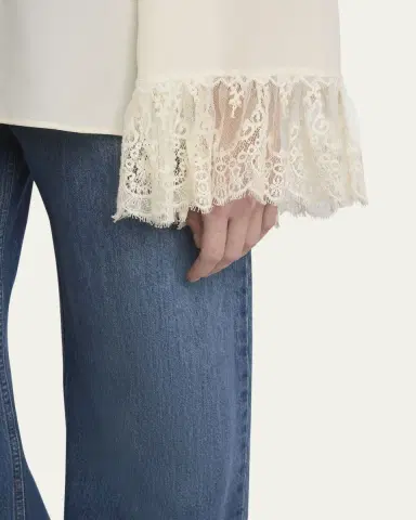 Chloe Button Down Crepe De Chine Top with Lace Sleeves | Thumbnail 5