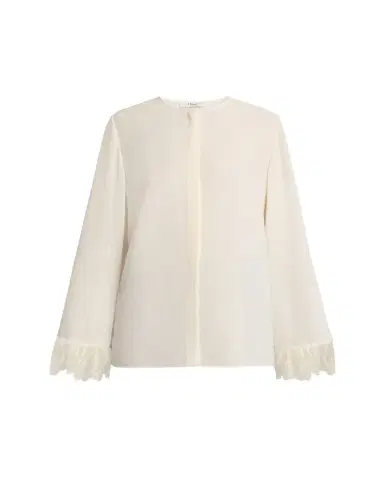 Chloe Button Down Crepe De Chine Top with Lace Sleeves | Thumbnail 1