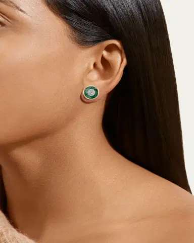 Bhansali One Collection 10mm Round Fusion Emerald Bezel Stud Earrings in 18K Yellow Gold with Diamonds | Thumbnail 2