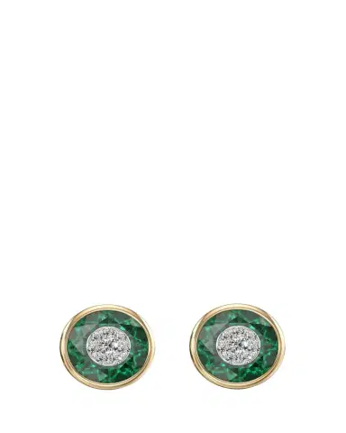 Bhansali One Collection 10mm Round Fusion Emerald Bezel Stud Earrings in 18K Yellow Gold with Diamonds | Thumbnail 1