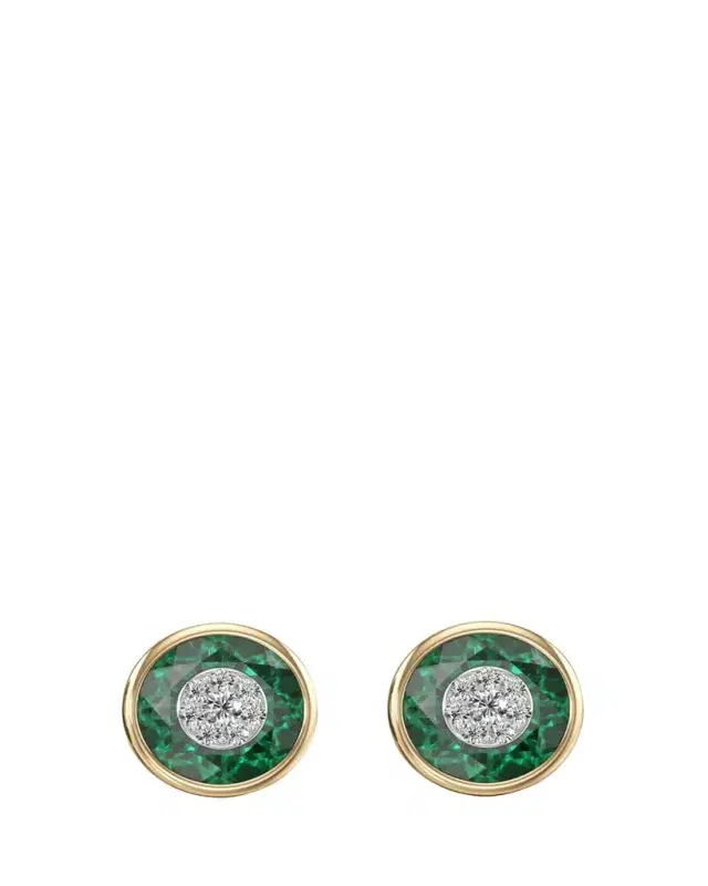 Bhansali One Collection 10mm Round Fusion Emerald Bezel Stud Earrings in 18K Yellow Gold with Diamonds