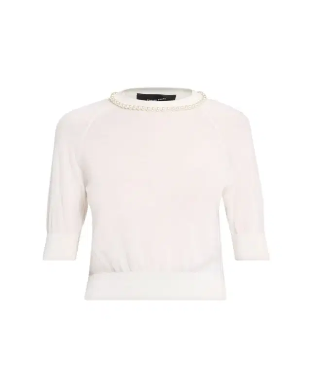 Pearly Embellished Merino Wool Short-Sleeve Sweater