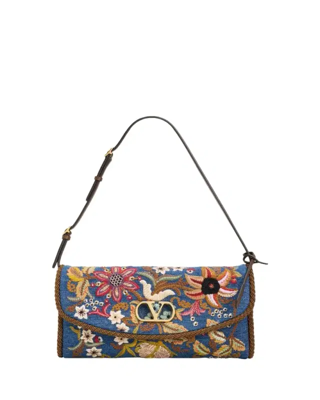 Valentino Garavani Devain Small Embroidered Denim Shoulder Bag