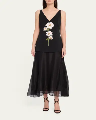Lela Rose 3D Peony Embroidered Faille V-Neck Cocktail Dress | Thumbnail 2