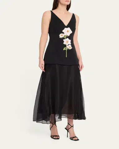 Lela Rose 3D Peony Embroidered Faille V-Neck Cocktail Dress | Thumbnail 4