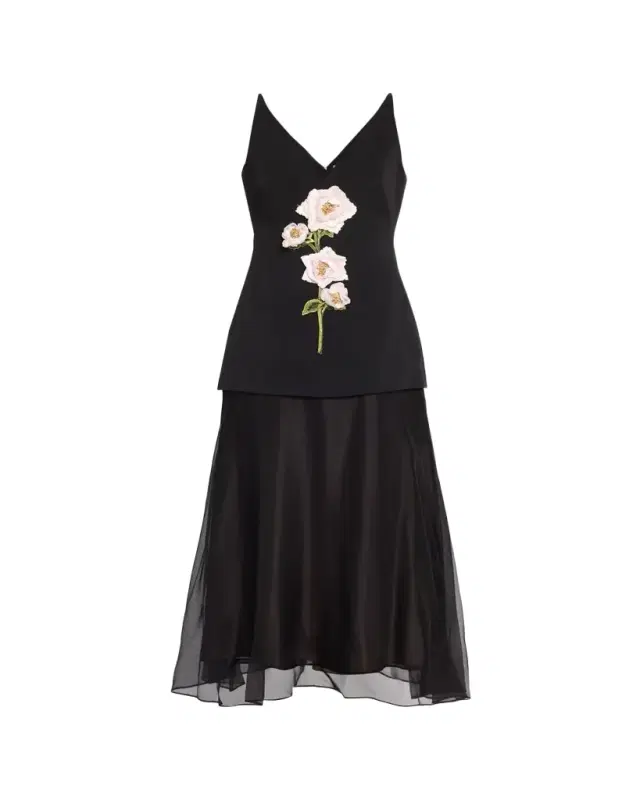 Lela Rose 3D Peony Embroidered Faille V-Neck Cocktail Dress