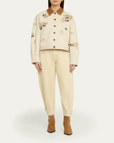 Isabel Marant Lavine Embroidered Cotton Leather-Collar Barn Jacket | Thumbnail 2 Isabel Marant Lavine Embroidered Cotton Leather-Collar Barn Jacket | Thumbnail 2