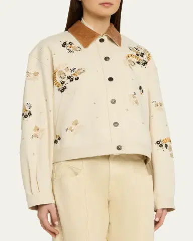 Isabel Marant Lavine Embroidered Cotton Leather-Collar Barn Jacket | Thumbnail 4 Isabel Marant Lavine Embroidered Cotton Leather-Collar Barn Jacket | Thumbnail 4