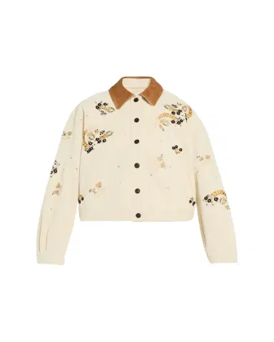Isabel Marant Lavine Embroidered Cotton Leather-Collar Barn Jacket | Thumbnail 1 Isabel Marant Lavine Embroidered Cotton Leather-Collar Barn Jacket | Thumbnail 1